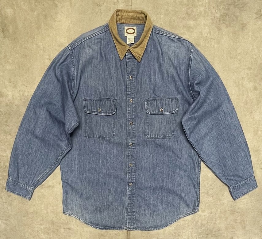 画像1: 80'S BANANA REPUBLIC 初期タグ 襟コーデュロイ デニムシャツ ライトインディゴ USA製 (VINTAGE)