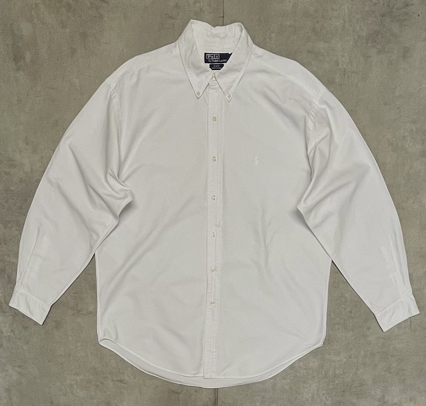 画像1: 90'S RALPH LAUREN "BLAKE" ロゴ同色 オックスフォード BDシャツ オールホワイト (VINTAGE)