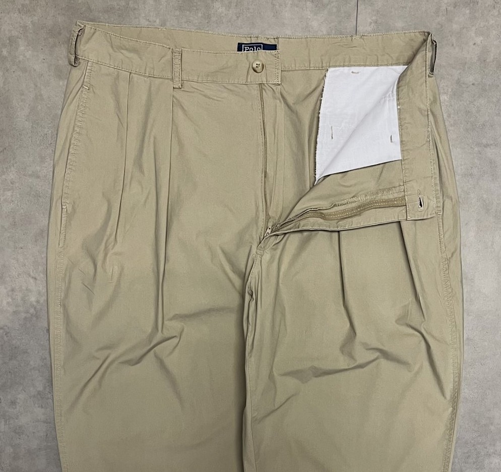 画像: 90'S RALPH LAUREN "クレストロゴ" ツープリーツ ポプリンパンツ ベージュ TALONジップ USA製 (VINTAGE)