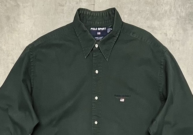 画像: 90'S RALPH LAUREN POLO SPORT "LOWELL SPORT" ツイル レギュラーカラーシャツ ダークグリーン (VINTAGE)