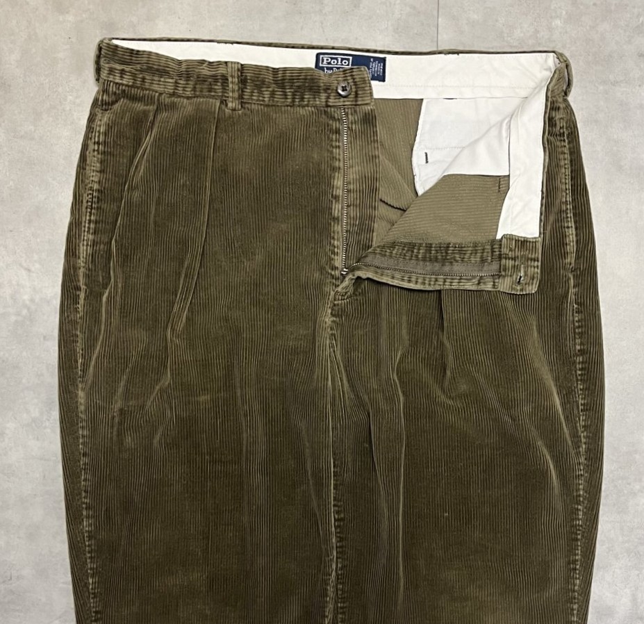 画像: 90'S RALPH LAUREN "ANDREW PANT" ツープリーツ 太畝 コーデュロイパンツ オリーブ (VINTAGE)