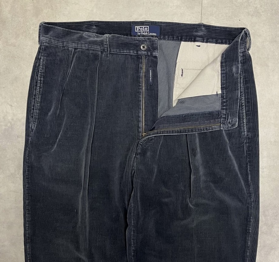 画像: 90'S RALPH LAUREN "ANDREW PANT" ツープリーツ 太畝 コーデュロイパンツ ネイビー (VINTAGE)