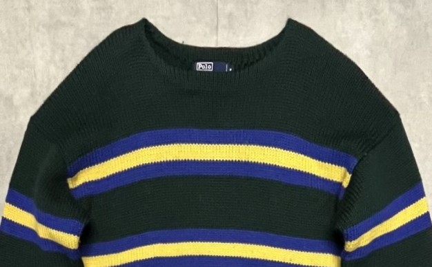 画像: 90'S RALPH LAUREN ウール100% ローゲージ ボーダーニット ダークグリーン (VINTAGE)